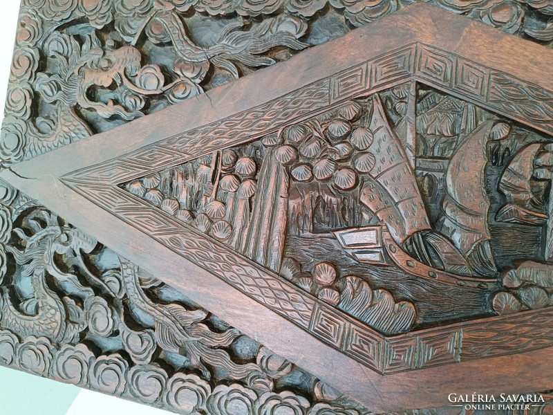 Antique Chinese richly carved brown wood hardwood chest plant sailboat Asia 807 6255