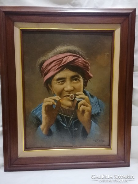 Kvalitásos, jelzett, olaj-vászon festmény, szivarra gyújtó nő, portré, 81x66 cm