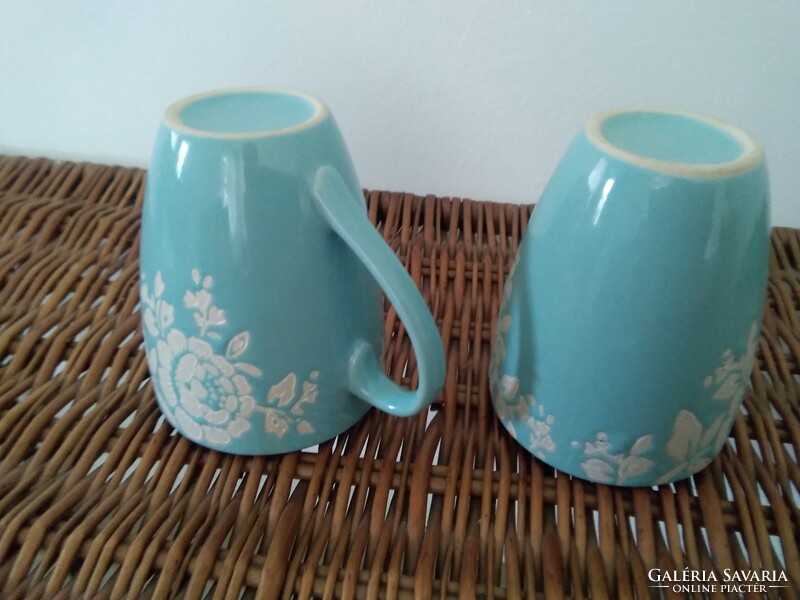 Ceramic cups - in sea blue, with flowers / 2 pcs.