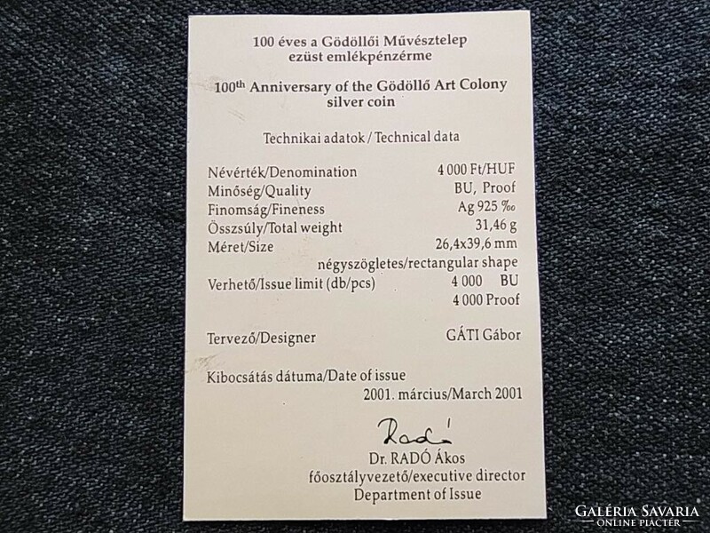 100 years of the Gödöllő Art Colony .925 Silver 4000 HUF 2001 certificate (id58808)