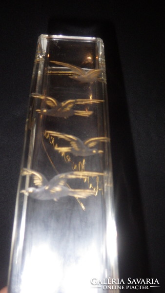 Antique glass vase specialty with gilded birds, inscription, flawless