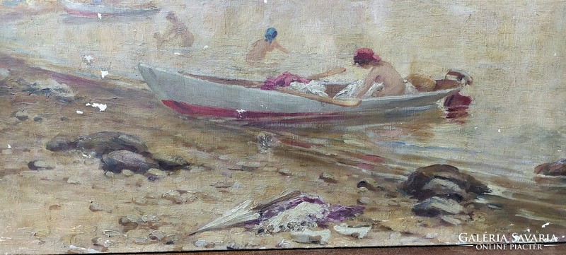 Unidentified, marked Russian oil-on-canvas painting from around 100 years old, waterfront, bathers