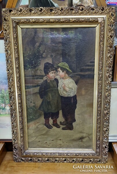 Bartholomeidesz Kálmán 1900. olaj-vászon életkép festmény aranyozott áttört keretben