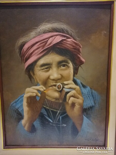 Kvalitásos, jelzett, olaj-vászon festmény, szivarra gyújtó nő, portré, 81x66 cm