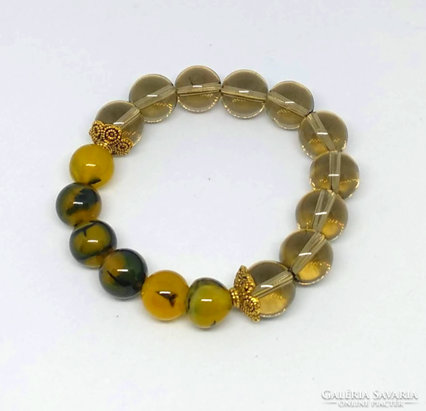 Yellow-black dragon vein agate and smoke colored crystal bracelet