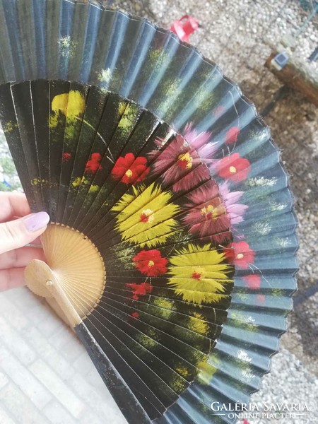 Wood-textile hand-painted old oriental fan