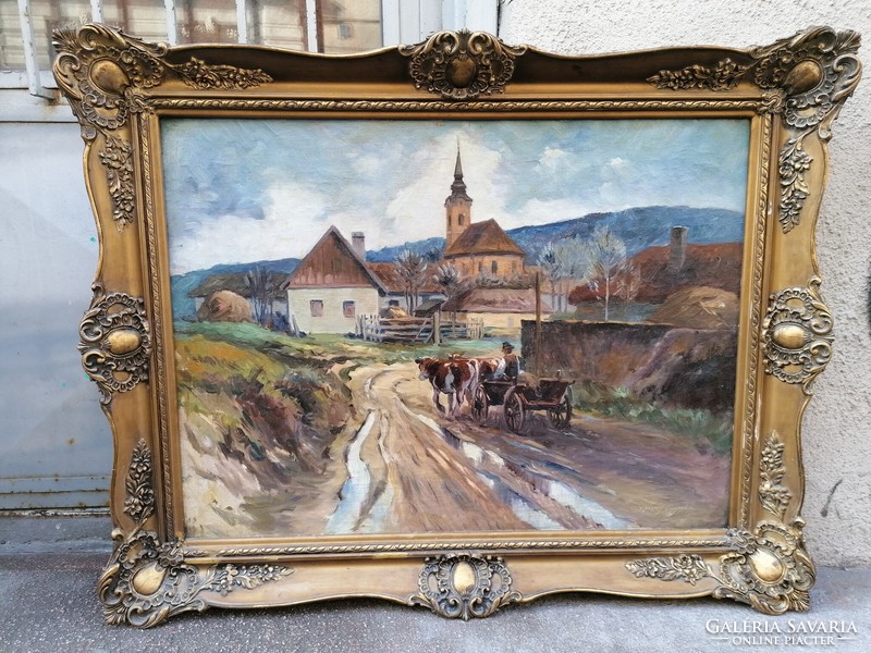 Gyula Méray oil on canvas painting in blonde frame, ox cart 72x93 cm