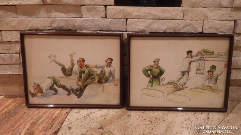 Wallburg Egon 1936 akvarell festmény pár részeg katonák