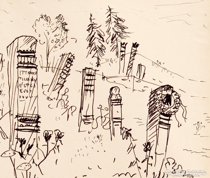 Zoltán Legány (1911-1993): cemetery with headstones, color, 1973 - unique ink drawing, featured in an exhibition