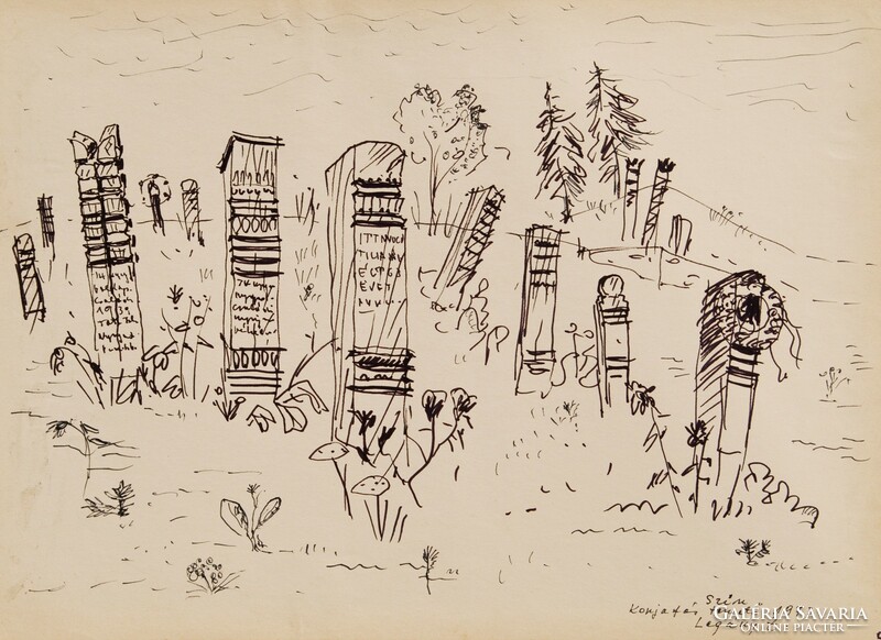Zoltán Legány (1911-1993): cemetery with headstones, color, 1973 - unique ink drawing, featured in an exhibition