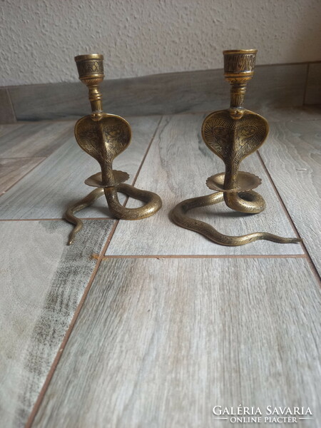 Pair of 2 sumptuous old copper candle holders cobra (13.5x10.7 cm)