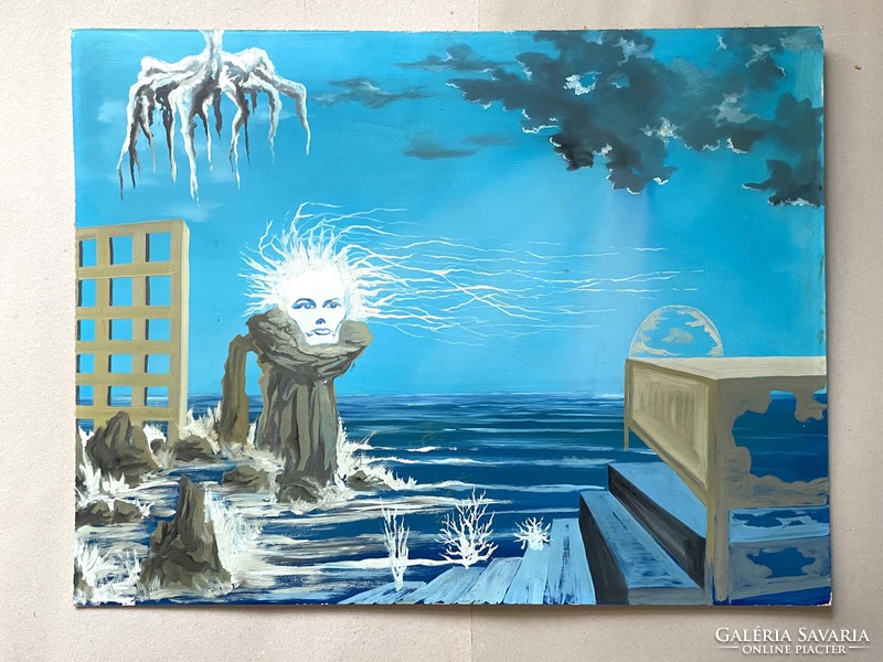Tih 1980 marked surreal vision modern oil on wood fiber painting 75 x 58 cm