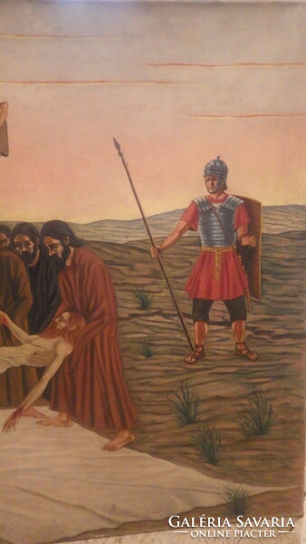 Jézus levétele a keresztről régi hatalmas olaj-vászon festmény 100x160 cm