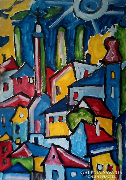 Cs. Németh Miklós: Nap, Házak, Hegyoldal 70x100 cm