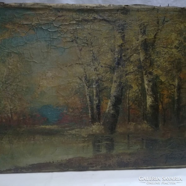 Antique stone moat marked painting, forest interior, oil on canvas 50x70 cm