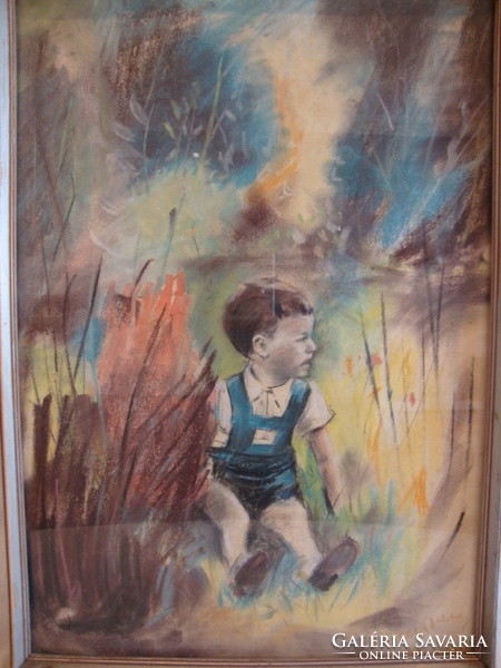 Jelzett régi pasztell festmény fiú a nádasban