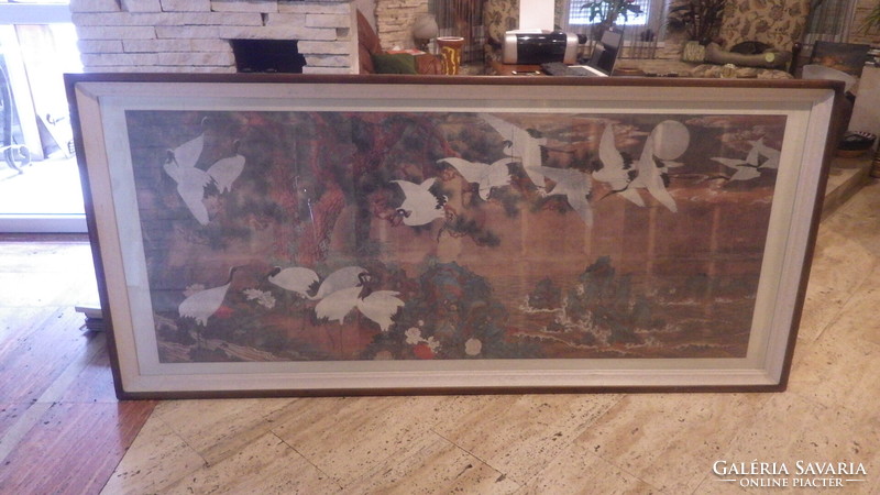Gigantic oriental picture framed with birds 94x203 cm