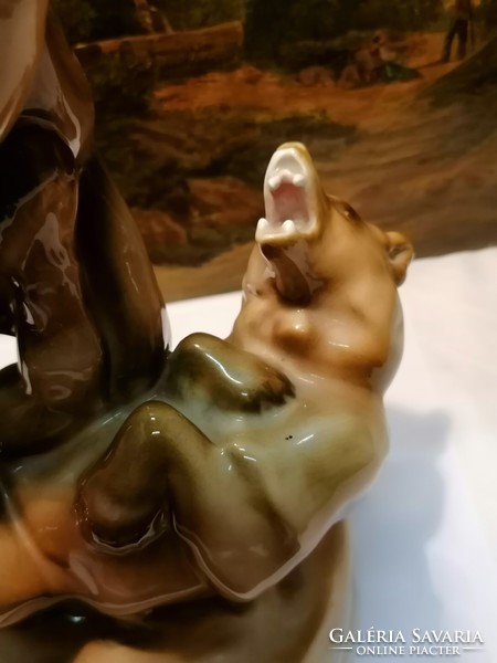 Zsolnay porcelán birkózó medvék 30,5 cm porcelán szobor, hibátlan