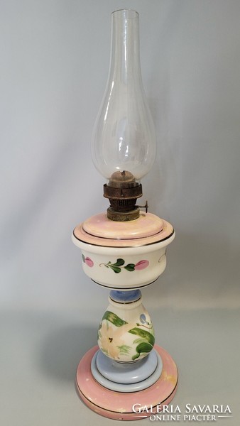 Antique hand painted broken milk glass kerosene lamp