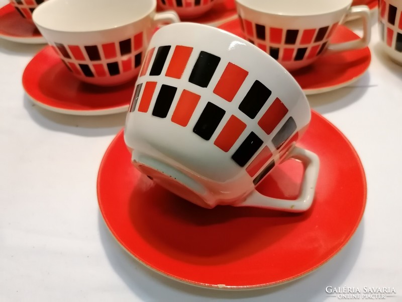 Old red and black patterned granite teacup set and sugar bowl, retro