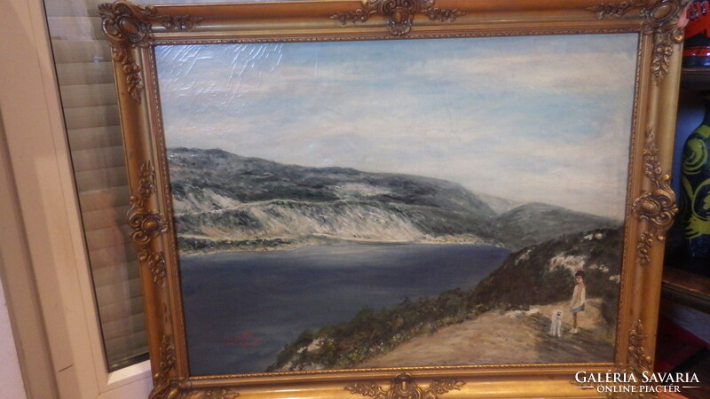 Jelzett olaj-vászon tájkép folyópart festmény kutyás alakkal