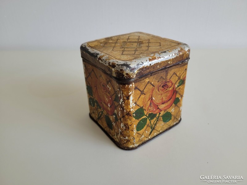 Old metal box French coffee box with rose pattern
