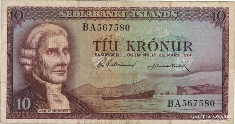 10 krónur 1961 marz 29. Izland 6 jegyű sorszám