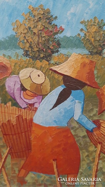 Impressionist painting of women in the rice field by T. Rittidatch
