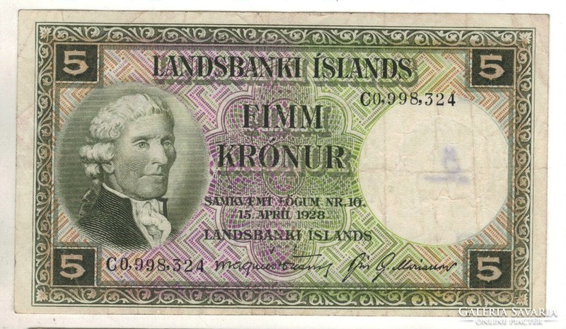 5 Krónur 1928 April 15 Iceland green 2.