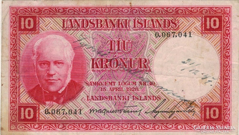 10 Krónur 1928 april 15 Iceland 1. Issue red