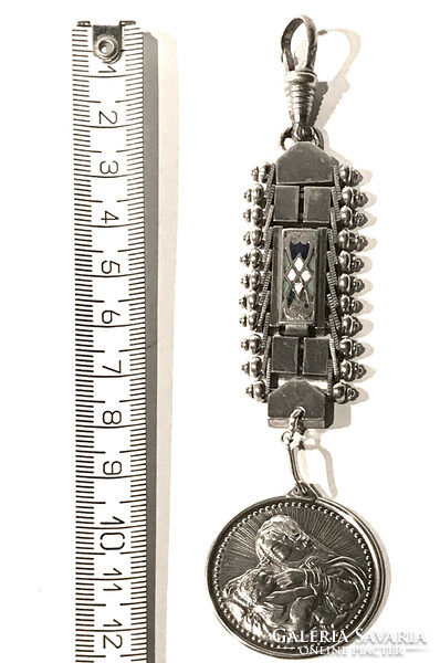 Silver enameled officer's watch chain with madonna silver pendant 17.1 grams 12 cm long