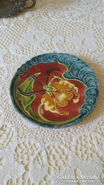 Art Nouveau majolica orchid decorative plate, wall decoration