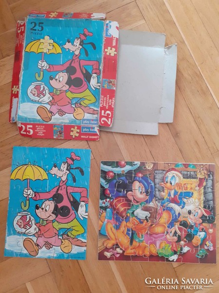 DISNEY - Mickey Mouse Miki Egér 2 db retro fa puzzle hiánytalanok Play Time 25 db és 49 db egyben