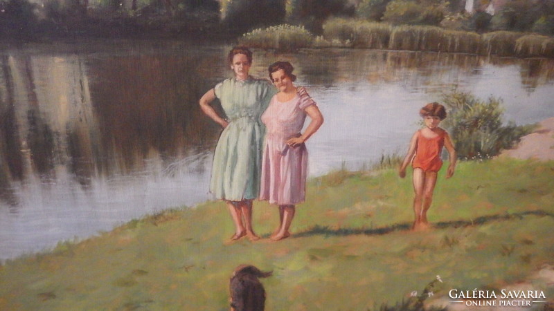 Waterside walk oil on canvas painting