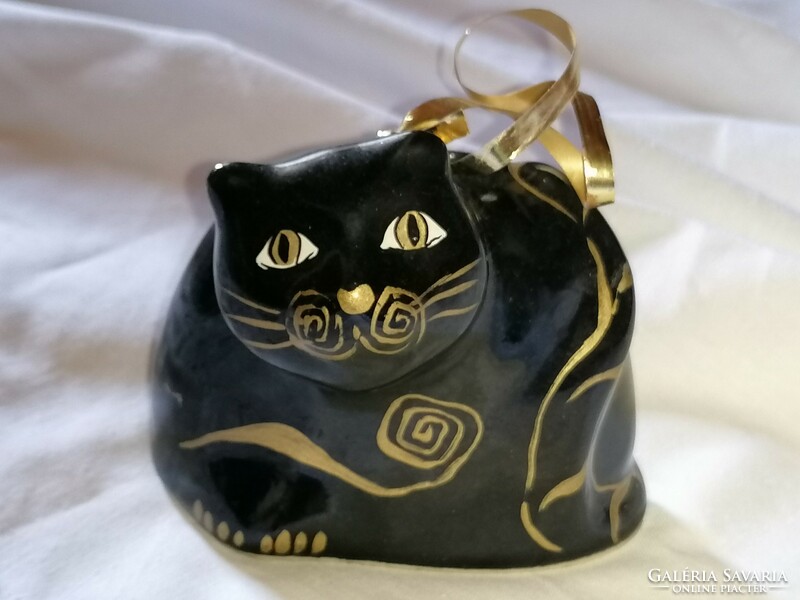 Lucky, gold-painted, black cat Christmas bell
