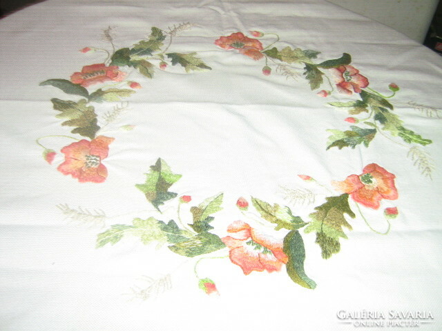 Beautiful hand-embroidered poppy wreath tablecloth
