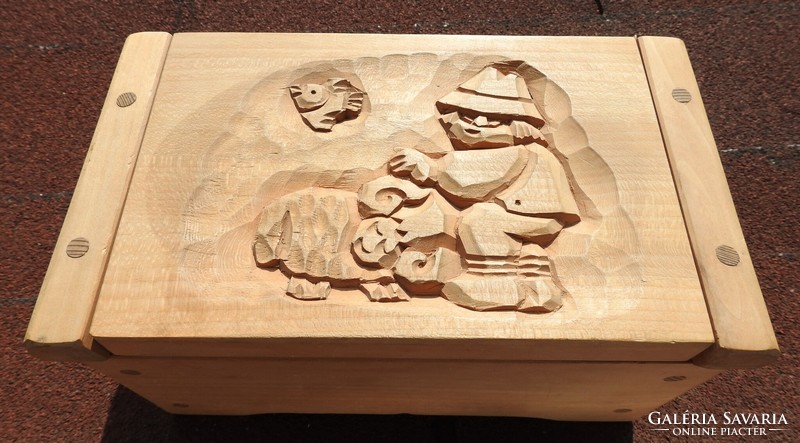 Carved wooden box with a village scene - folk carving
