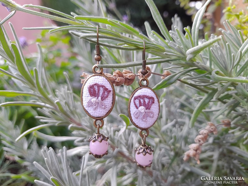 New, handmade, antique-looking earrings with hand-embroidered floral inlay