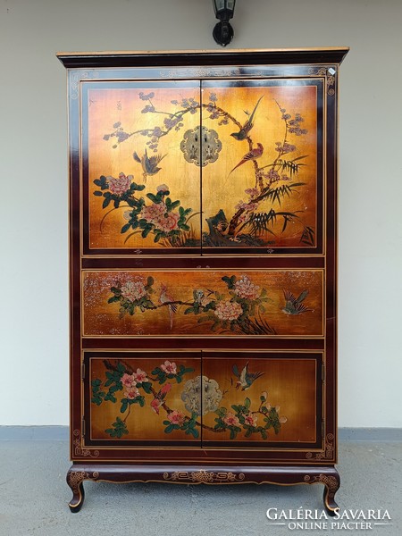 Antik kínai bútor festett növény madár motívum nagy arany lakk 5 ajtós szekrény 604 7799
