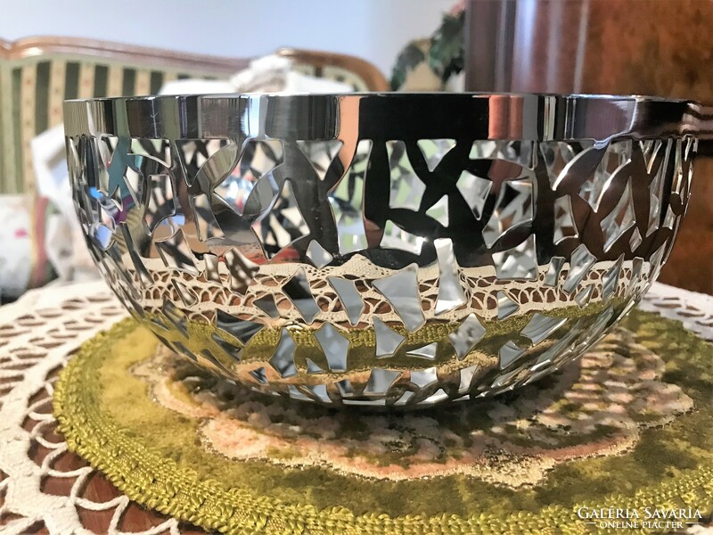 Vintage, stainless steel, shiny surface, openwork large bowl, for cookies, bread, etc.