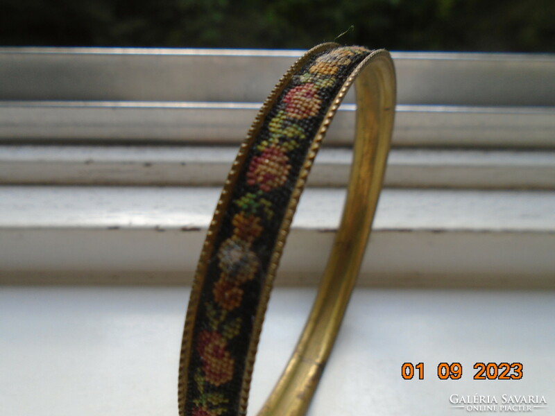 1930 Vintage needle tapestry rose embroidered copper bracelet