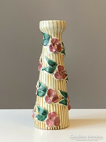 Painted plastic flower decorated ceramic vase 32.5 Cm