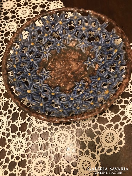 Painted, glazed ceramic bowl / Austria/ openwork, flower decoration. Very nice. It has a dark blue belt. 30 Cm