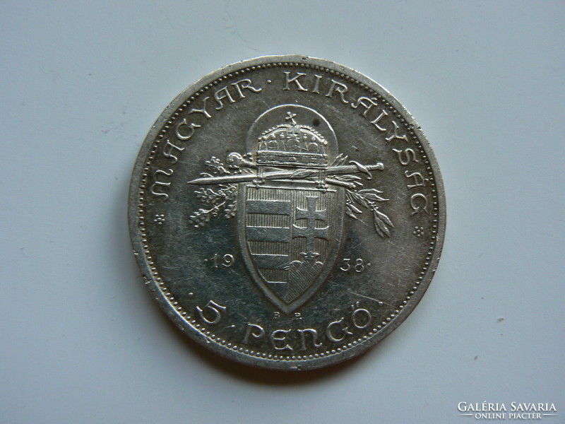 Saint István silver 5 pengő coin, Kingdom of Hungary 1938, original!