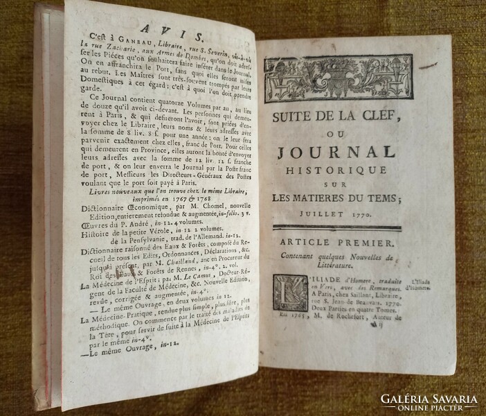 Antique book 1770 suite de la clef ou journal historique sur les matieresdu tems tome cviii