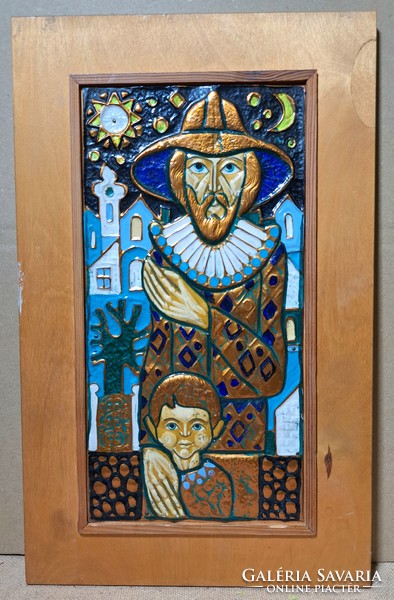 Varázsló és tanítványa, mesejelenet - iparművészet, festett réz dombormű, relief falikép