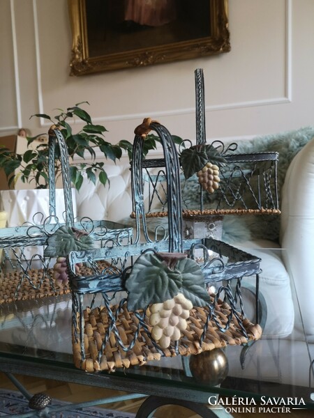 3 metal baskets, rattan base, with grape motif, hand-made, antiqued, painted table offering