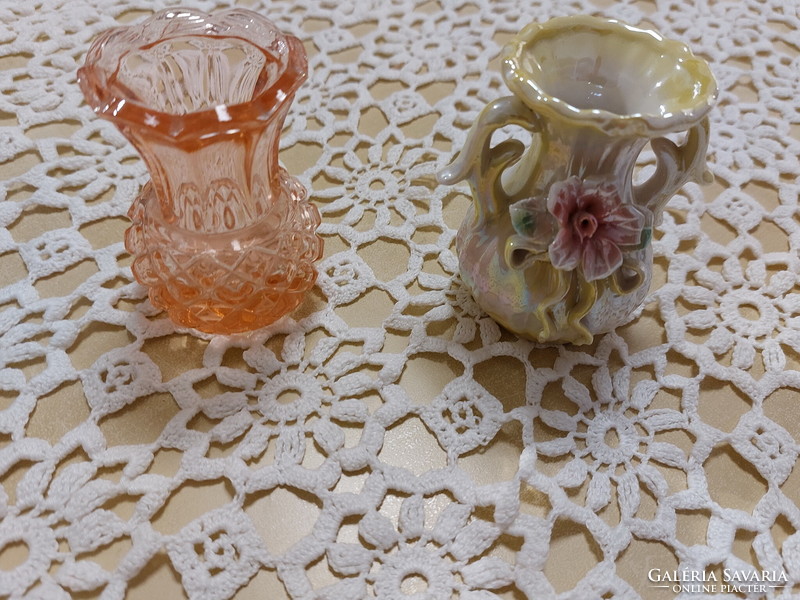 Old small glass vase pink 8 cm and luster small vase