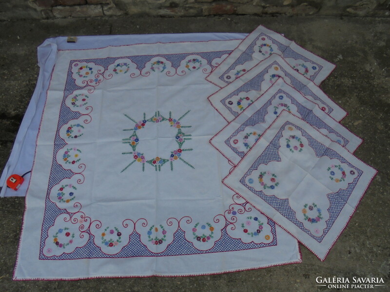 Old, hand-embroidered tablecloth set - one tablecloth and four napkins - exquisite handwork, beautiful condition