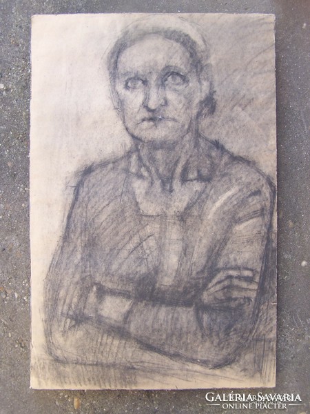 Hungarian artist around 1908: female portrait - paper, charcoal, mounted on thick cardboard. 62X41 cm